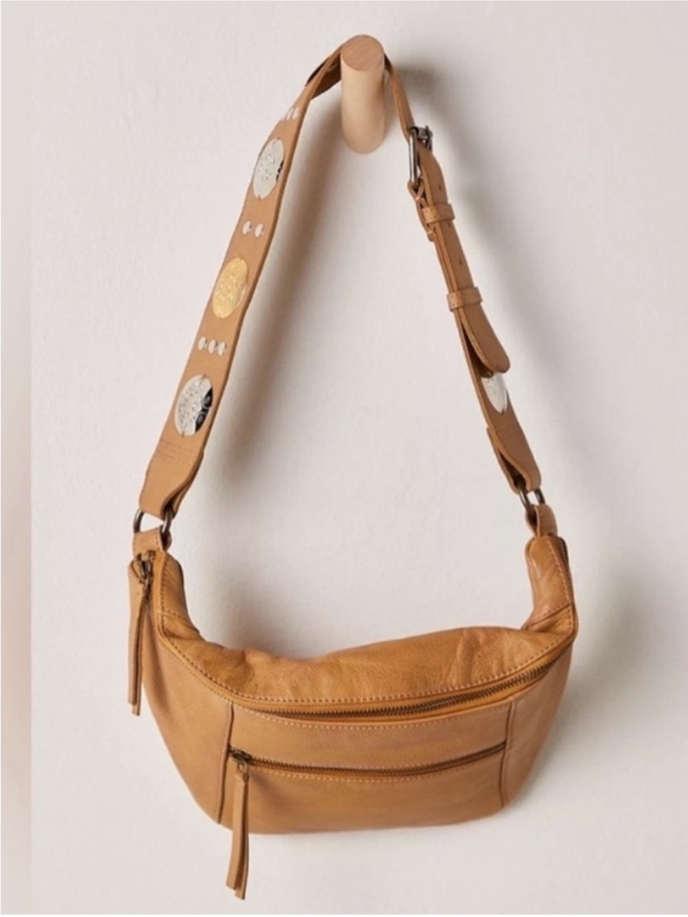 Free People Wilder Embellished Slouchy Leather Sling Bag Tan Combo Western Boho